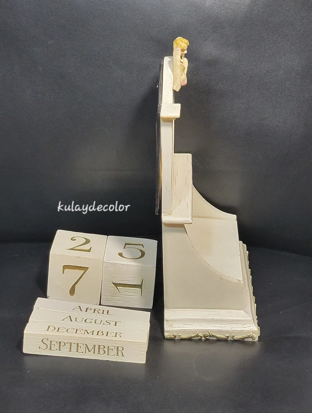 Vintage Praying Angel Perpetual Block Calendar Photo Frame Desk Distressed Decor
